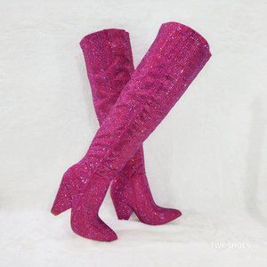 Vegas Fuchsia Pink Rhinestone Over the Knee Thigh boots 4.25" Heels Party Boots